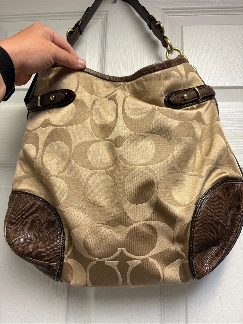 Coach Tan and Brown Signature Shoulder Bag